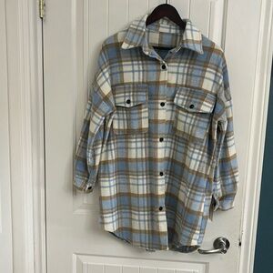 Plaid Button-Up Shacket Jacket - Blue & Tan